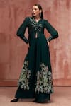 Buy_Suruchi Parakh_Green Georgette Embroidered Floral Motifs V Neck Draped Jacket And Flared Pant Set _at_Aza_Fashions