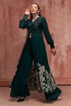 Suruchi Parakh_Green Georgette Embroidered Floral Motifs V Neck Draped Jacket And Flared Pant Set _Online_at_Aza_Fashions