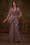 Buy_Suruchi Parakh_Brown Georgette, Satin, Soft Organza Floral Motifs Pre-draped Saree Set With _at_Aza_Fashions