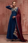 Buy_Suruchi Parakh_Blue Satin , Tussar Floral Motifs V Embroidered Anarkali With Dupatta _at_Aza_Fashions
