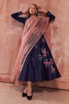 Suruchi Parakh_Blue Organza, Tussar Silk Bird And Floral Motifs Embroidered Anarkali With Dupatta _Online_at_Aza_Fashions