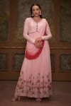 Buy_Suruchi Parakh_Pink Georgette, Tussar Silk Lotus Motifs V Neck Embroidered Draped Anarkali _at_Aza_Fashions