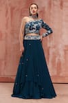 Buy_Suruchi Parakh_Blue Georgette Crepe Embroidered Floral Motifs One Shoulder Layered Skirt Set _at_Aza_Fashions