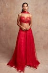 Shop_Shehlaa Khan_Red Lehenga - Tulle Embroidered Lace Work Sweetheart Neck Choli Set _at_Aza_Fashions