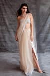 Buy_Shehlaa Khan_Beige Tulle Embellished Pearl Work Square Neck Pre-draped Saree With Blouse _at_Aza_Fashions