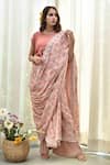 Buy_Tussah by Siddhi Shah_Peach Moss Cotton Floral Round Saree With Blouse  _at_Aza_Fashions