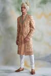 Buy_Gargee Designers_Peach Raw Silk Embroidered Thread Work Floral Sherwani Set _at_Aza_Fashions