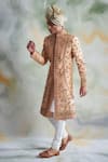 Buy_Gargee Designers_Peach Raw Silk Embroidered Thread Work Floral Sherwani Set _Online_at_Aza_Fashions