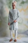 Buy_Gargee Designers_Blue Slub Silk Embroidered Thread Work Floral Sherwani Set _at_Aza_Fashions