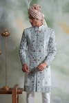 Buy_Gargee Designers_Blue Slub Silk Embroidered Thread Work Floral Sherwani Set _Online_at_Aza_Fashions