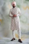 Buy_Gargee Designers_White Raw Silk Embroidered Thread Work Floral Sherwani Set _at_Aza_Fashions