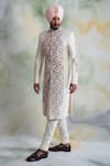 Gargee Designers_White Raw Silk Embroidered Thread Work Floral Sherwani Set _Online_at_Aza_Fashions