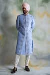 Buy_Gargee Designers_Blue Raw Silk Embroidered Thread Work Floral Sherwani Set _at_Aza_Fashions