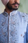 Buy_Gargee Designers_Blue Raw Silk Embroidered Thread Work Floral Sherwani Set _Online_at_Aza_Fashions