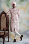 Buy_Gargee Designers_Pink Slub Silk Embroidered Thread Work Floral Sherwani Set _at_Aza_Fashions