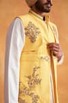 Shop_Gargee Designers_Yellow Matka Silk Embroidery Floral Bundi And Kurta Set _Online_at_Aza_Fashions