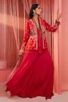 Label Sanya Gulati_Red Silk, Organza And Georgette Lining Embroidered Peplum Jacket & Sharara Set _Online_at_Aza_Fashions