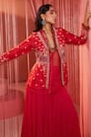 Buy_Label Sanya Gulati_Red Silk, Organza And Georgette Lining Embroidered Peplum Jacket & Sharara Set _Online_at_Aza_Fashions