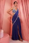 Buy_Label Sanya Gulati_Blue Georgette Lining Shantoon Sequins, Cutdana Pre-draped Saree With Blouse _at_Aza_Fashions