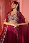 Label Sanya Gulati_Maroon Georgette Lining Shantoon Embroidery Multi Shape Cape And Palazzo Set _Online_at_Aza_Fashions