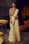 Buy_Nehha Nhata_White Organza Hand Embroidered Thread Work Pre-draped Sharara Saree With Blouse _at_Aza_Fashions