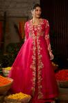 Buy_Nehha Nhata_Pink Silk Embroidery Thread V Neck Jacket Lehenga Set _at_Aza_Fashions