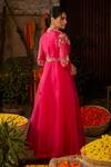 Shop_Nehha Nhata_Pink Silk Embroidery Thread V Neck Jacket Lehenga Set _at_Aza_Fashions