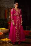 Nehha Nhata_Pink Silk Embroidery Thread V Neck Jacket Lehenga Set _Online_at_Aza_Fashions