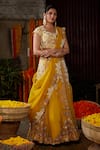 Buy_Nehha Nhata_Yellow Organza Bead , Thread Square Neck Embroidered Bridal Lehenga Set _at_Aza_Fashions