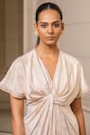 Buy_Tarun Tahiliani_Peach Foil Jersey Embroidered V Neck Draped Dress _Online_at_Aza_Fashions