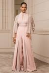 Buy_Tarun Tahiliani_Peach Crinkle Net Embroidered Sequin Open Work Gilet_at_Aza_Fashions