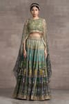 Tarun Tahiliani_Blue Jacquard Printed Floral Round Lehenga And Cape Blouse _Online_at_Aza_Fashions