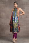 Buy_Tarun Tahiliani_Multi Color Jacquard Printed Floral High Neck Kalidar Kurta And Dhoti Pant Set _at_Aza_Fashions