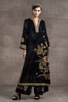 Buy_Tarun Tahiliani_Black Velvet Embroidered Floral Motifs Notched Print Kurta And Pant Set _at_Aza_Fashions