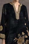 Tarun Tahiliani_Black Velvet Embroidered Floral Motifs Notched Print Kurta And Pant Set _Online_at_Aza_Fashions