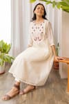 Khamaj India_White Cotton, Chanderi Floral Round Embroidered Kurta And Pant Set _Online_at_Aza_Fashions