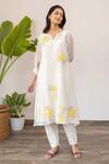 Shop_Khamaj India_White Chanderi Embroidery Floral Notched Kurta And Pant Set _at_Aza_Fashions