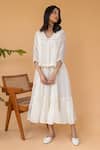 Buy_Khamaj India_White Chanderi Embroidery Pearl V Neck Tiered Dress With Jacket For Women_at_Aza_Fashions