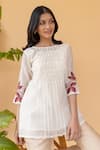 Shop_Khamaj India_White Chanderi Embroidery Floral Round Smocked Tunic _Online_at_Aza_Fashions