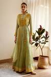Buy_Shyam Narayan Prasad_Green Modal Satin Floral Print Tiered Anarkali Set_at_Aza_Fashions