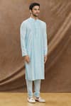 Darshika Menswear_Blue Cotton Silk Plain Pintuck Kurta Set _Online_at_Aza_Fashions