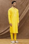 Darshika Menswear_Yellow Cotton Silk Embroidered Mirror Work Kurta Set _Online_at_Aza_Fashions