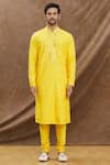 Buy_Darshika Menswear_Yellow Cotton Silk Embroidered Mirror Work Kurta Set _Online_at_Aza_Fashions