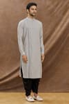 Darshika Menswear_Grey Cotton Silk Plain Pintuck Kurta Set _Online_at_Aza_Fashions