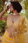 Shop_Irrau by Samir Mantri_Yellow Net Embroidered Thread Work V Neck Stripe Lehenga Set 