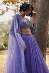 Shop_Irrau by Samir Mantri_Purple Net Embroidered Sequins Sweetheart Neck Bridal Lehenga Set 