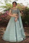 Buy_Irrau by Samir Mantri_Green Net Embroidered Sequins One Shoulder Geometric Bridal Lehenga Set _at_Aza_Fashions