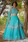 Buy_Irrau By Samir Mantri_Blue Net, Georgette Sequins, Beads Halter Floral Embroidered Bridal Lehenga Set _at_Aza_Fashions