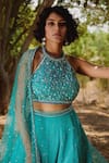 Buy_Irrau By Samir Mantri_Blue Net, Georgette Sequins, Beads Halter Floral Embroidered Bridal Lehenga Set _Online_at_Aza_Fashions