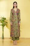 Shikhha Goyal Green Kurta- Habutai Silk Printed Floral V Neck Kalidar And Pant Set Online at Aza Fashions Shikhha Goyal_Green Kurta- Habutai Silk Printed Floral V Neck Kalidar And Pant Set_Online_at_Aza_Fashions